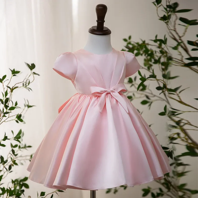 Customized Pink Sweet Girls Birthday Party Dresses O-neck Solid Simple Flower Girls Dress 2024 Summer Pleated Bow Princess Elega