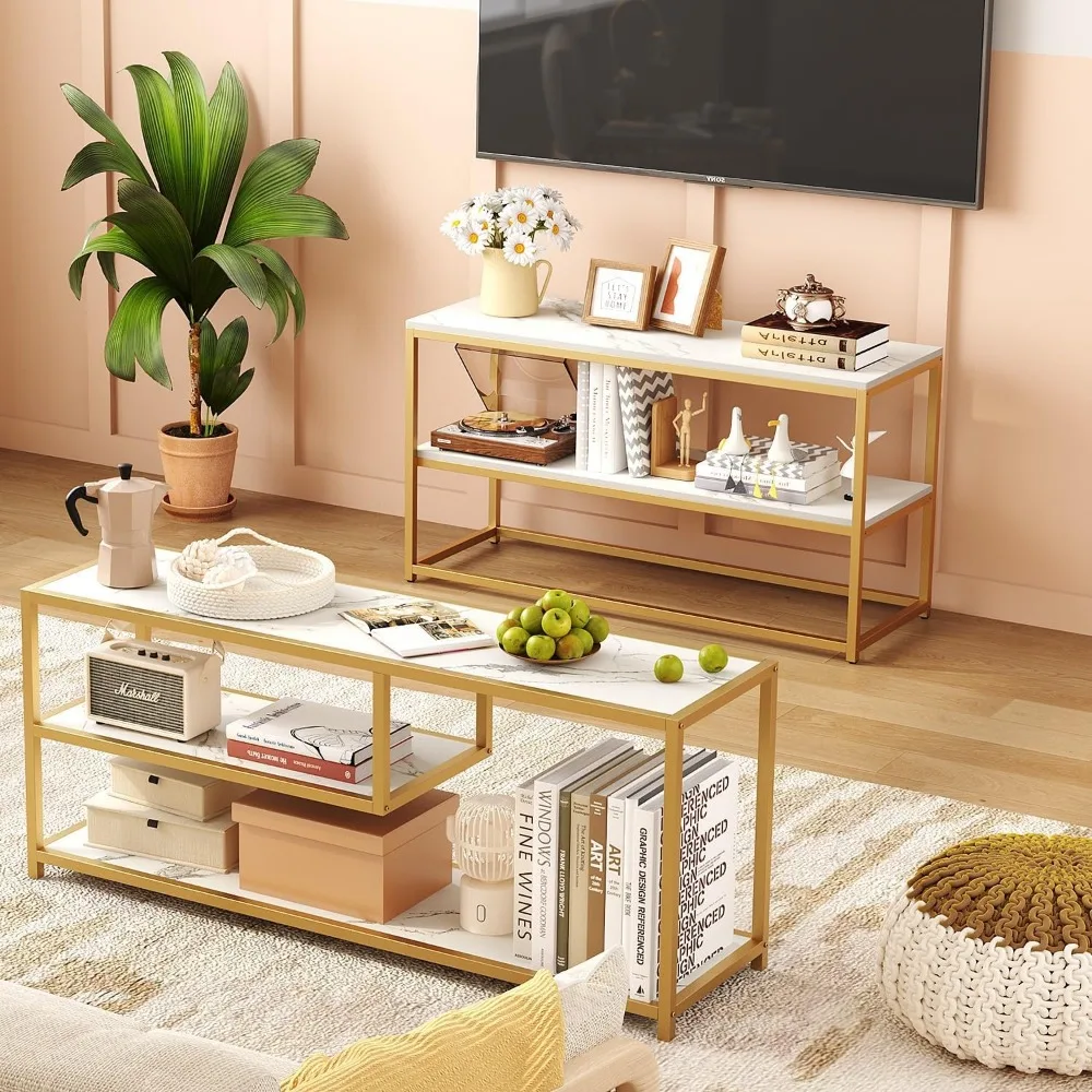 حامل تلفزيون منزلي وظيفي لأجهزة التلفاز حتى 50 بوصة، مركز ترفيه 3 طبقات، خزانة تلفزيون حديثة مع سطح رخامي وقاعدة معدنية ذهبية