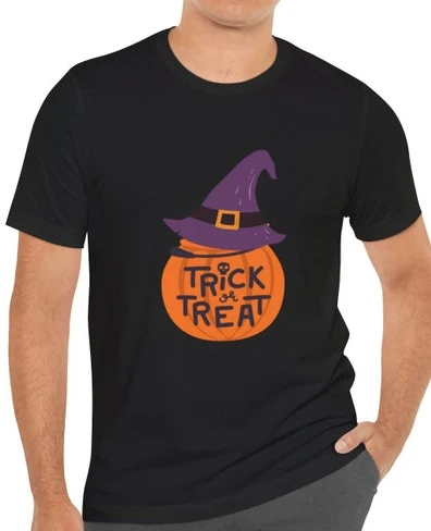 Halloween Printed Shirt Pumpkin with Witch Hat Trick or Treat Men and Women Trick or Treat Ventilate Short-sleev Casual Tshirt