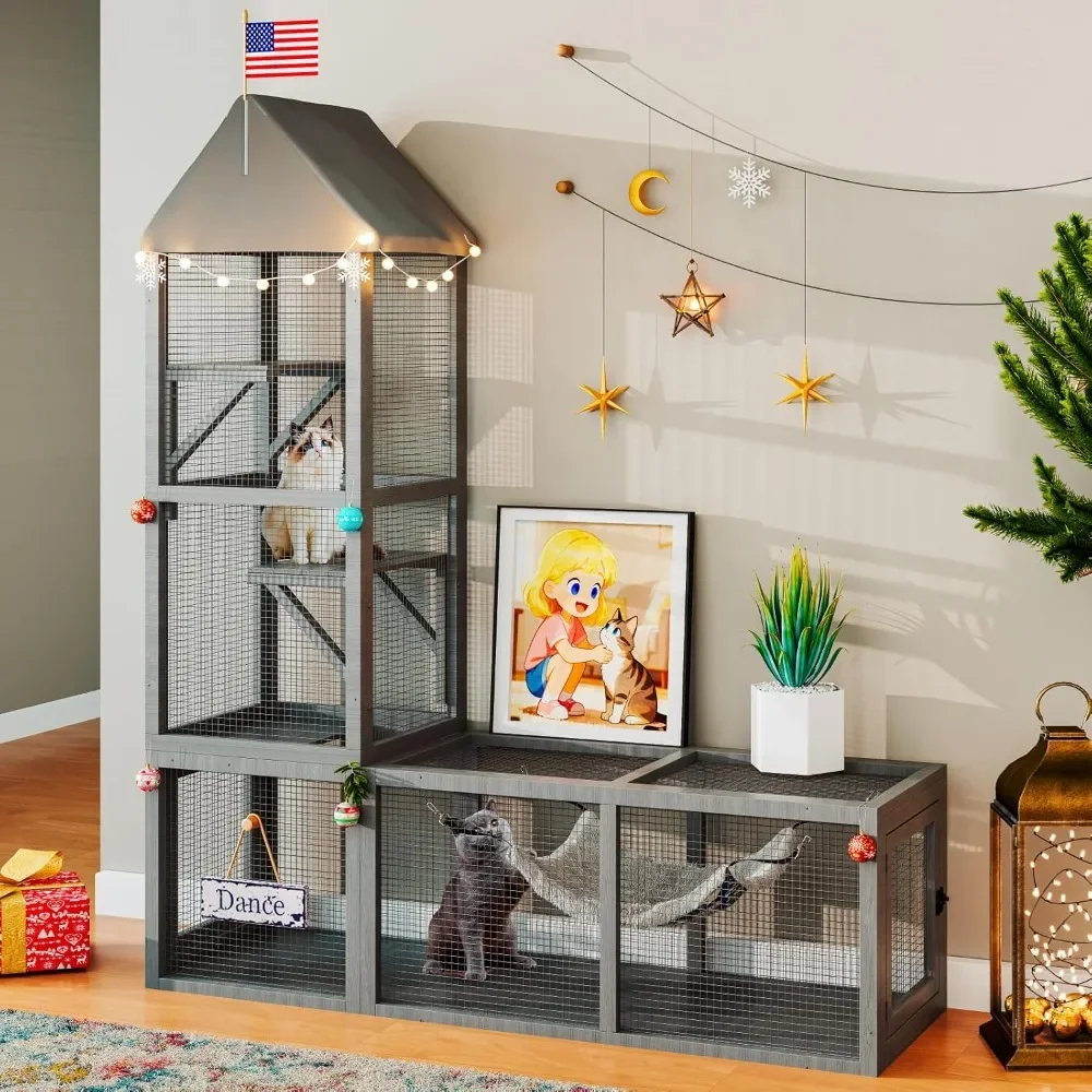 

2 in 1 Indoor Catio, Outdoor Cat Enclosure with Tunnel, Pet Playen Include 1 Catio and 1 Tunnel, Cat Enclosure with Cats Hammock