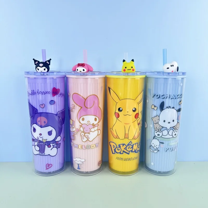 

2025 Hot Selling Pikachu Hello Kitty 720ML Large Capacity Double-layer Plastic Straw Cup Kuromi Melody Sanrio Student Cup