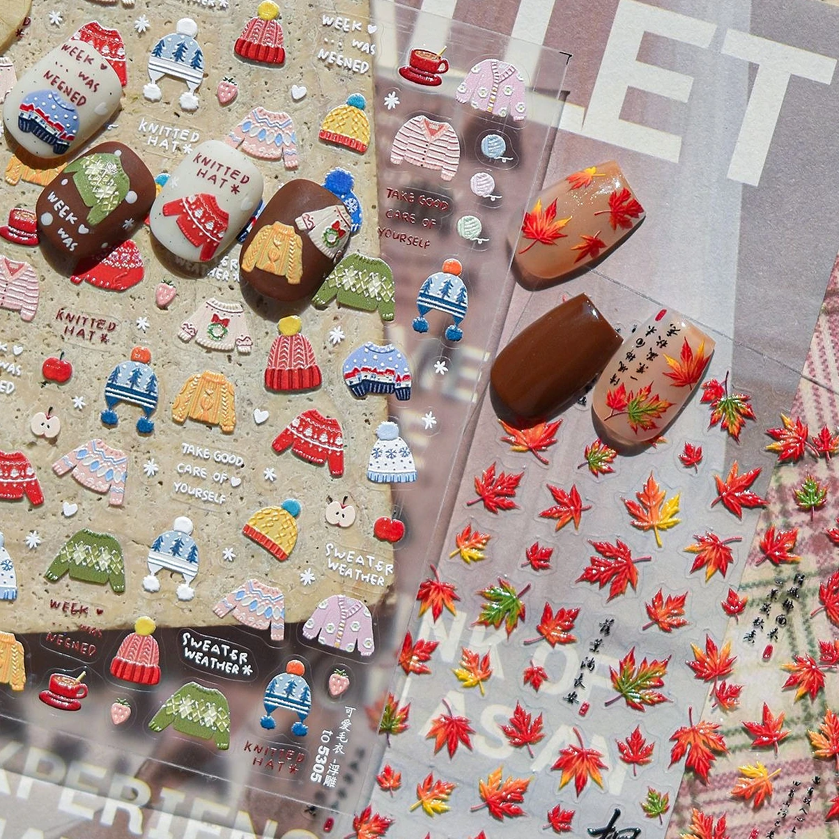 

Autumn Sweater Hat Gradient Maple Leaf Pumpkin Plants Fox Mushroom Boot Ginkgo Apple Owl Deer Squirrel Nail Art Stickers Decals