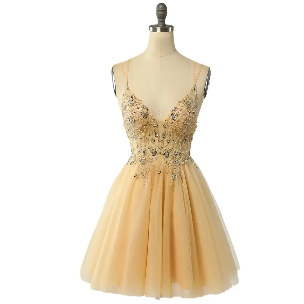 Gold Beaded Crystal Short Prom Dresses Sexy V Neck Spaghetti Straps Plus Size Homecoming Cocktail Party Gown US size 100