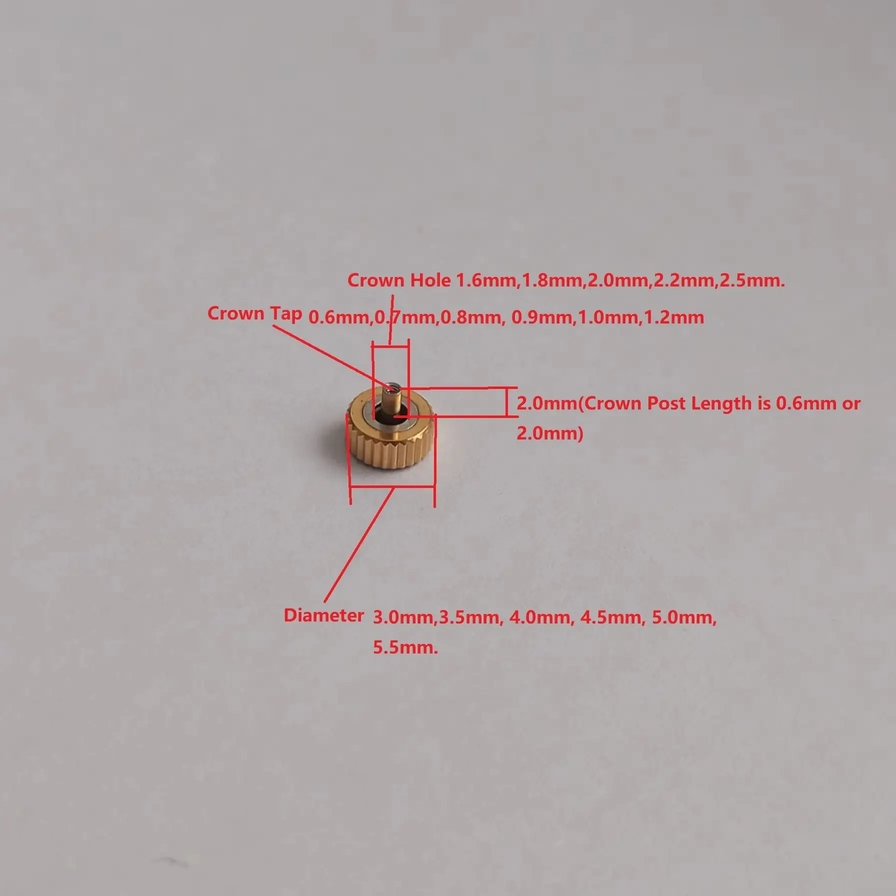 SS Gold Color 1.6mm 1.8mm 2.0mm 2.2mm 2.5mm Hole 0.6mm 0.7mm 0.8mm 0.9mm 1.0mm 1.2mm  Special Tap 0.6mm Post Length Watch Crown