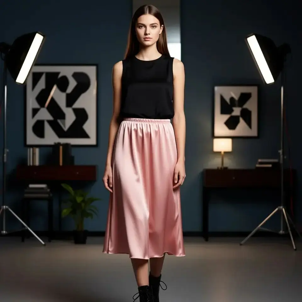 

Элегантная юбка-миди трапециевидной формы для женщин, мягкое розовое атласное эластичное офисное повседневное летнее платье с высокой талией, модное платье больших размеров