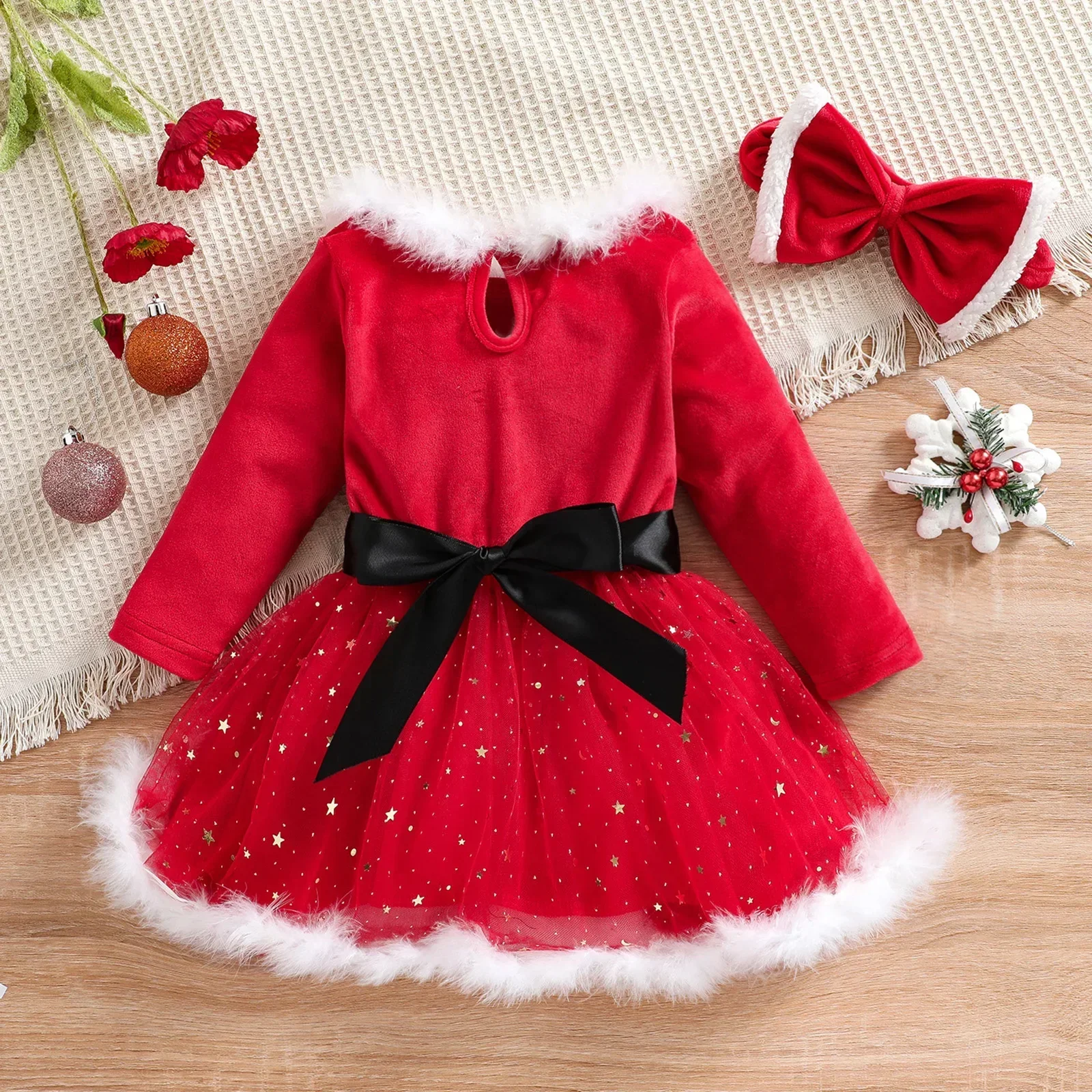 Christmas Dress+Headband Outfit Baby Girls Toddler Princess Birthday Kids New Year Cosplay Costume Carnival Dress Up Party