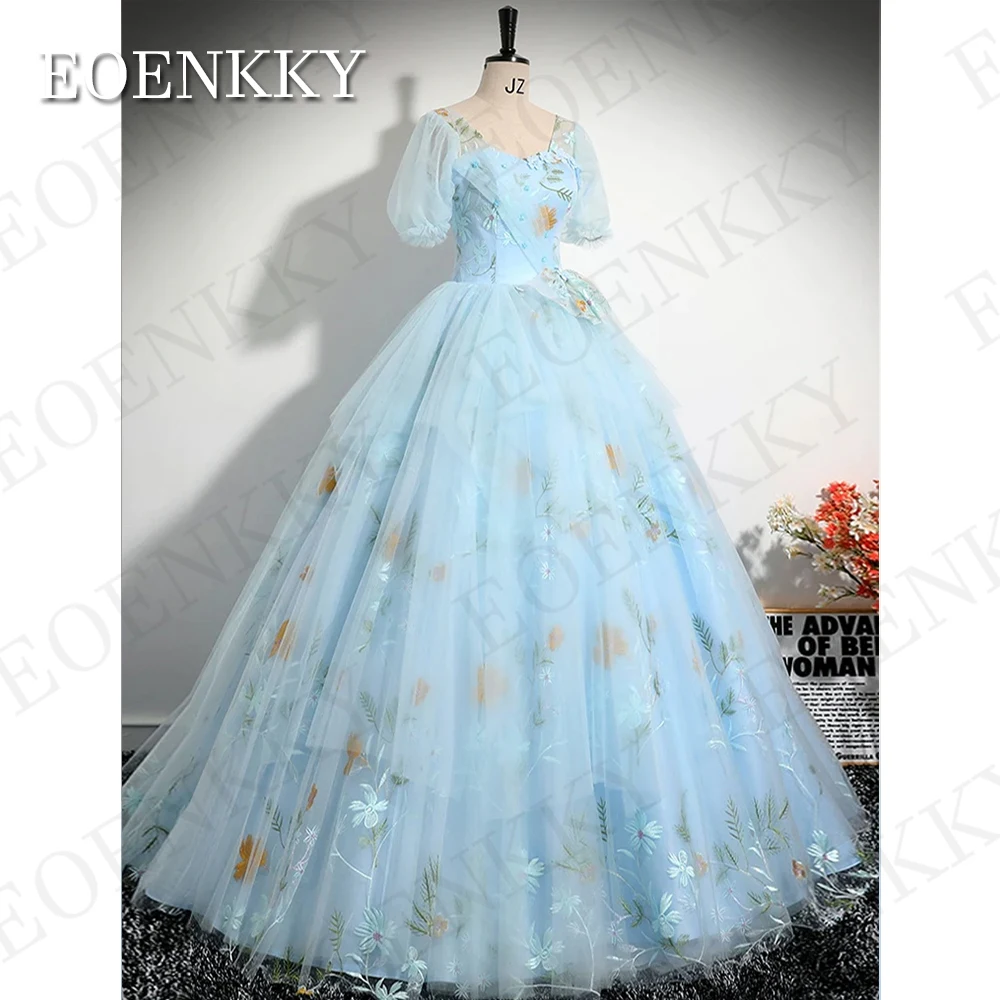 Blue Puff Sleeves Prom Dresses Floral Embroidery A Line Tulle Sweetheart Neck Evening Formal Occasion Dress vestidos de gala