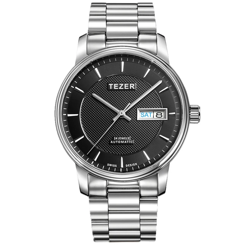 TEZER Men Automatic Watch | Stainless Steel Band | Black Textured Dial | Day Date Window 50M Waterproof Wristwatch