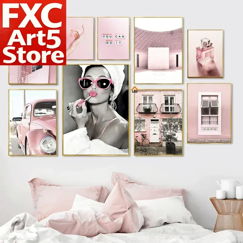 1 Stück Rahmenloses Luxus-Parfüm-Frauen-Poster in Rosa, Vintage-Auto-Telefon-Design, Dekorative Leinwandbilder, Wandkunst für Wohnzimmer B