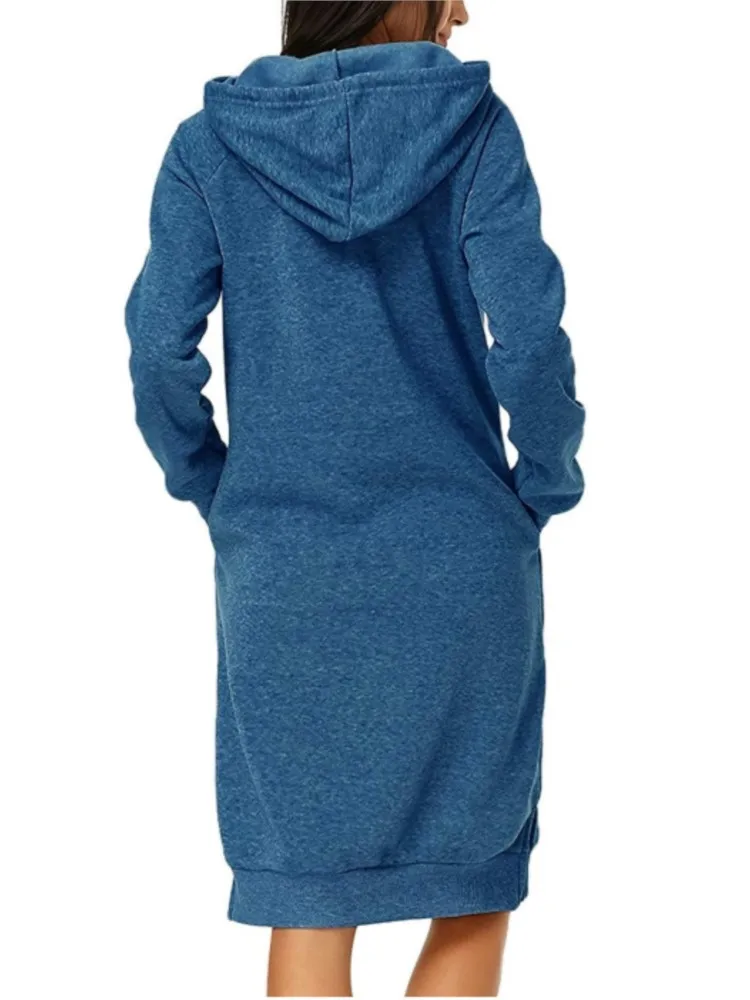 Woman‘s Solid Color Long Hoodie Fashion Long Sleeves Pocket Hooded Hood Pullovers Autumn Winter Lady Casual Street Sweatshirt