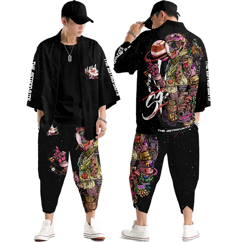 Two-piece Suit Oversize S-6XL Loose Japanese Cardigan Women Men Cosplay Yukata Clothing Harajuku Samurai Kimono + Pants Sets 1