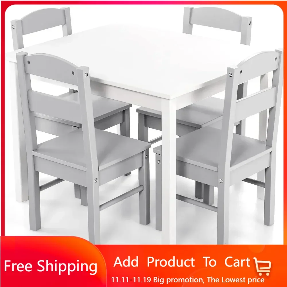 Kids Table and Chair Set, 5 Piece Wood Activity Table & Chairs for Arts, Crafts, Homework, Snack Time, Preschool (Grey & White)