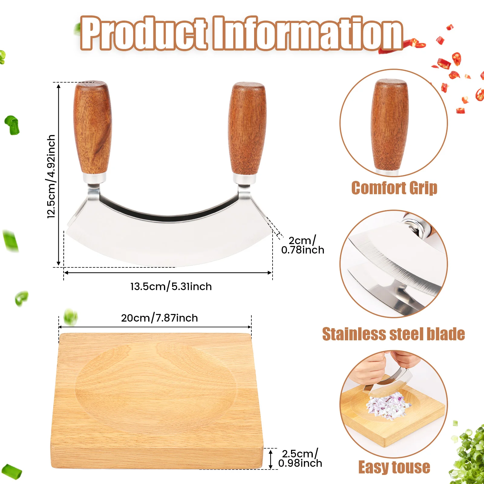 Mezzaluna Knife and Square Cutting Board Stainless Steel Ulu Knife Curved Double Blade Herb Chopper Rocker Knife Veggie Cutter