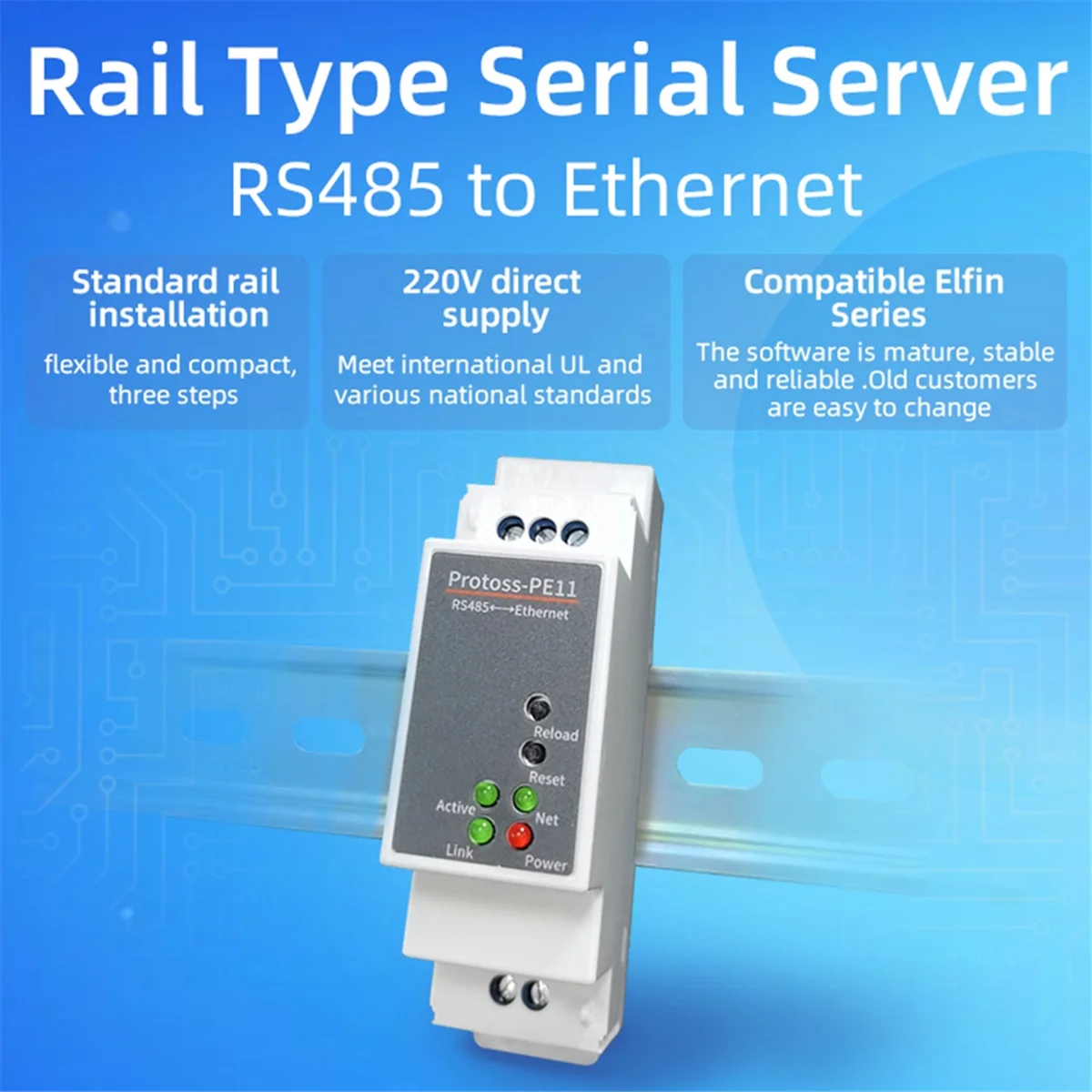 A49T DIN-Rail Serial Port RS485 to Ethernet Converter Server Protoss MQTT PE11-H Support Modbus RTU