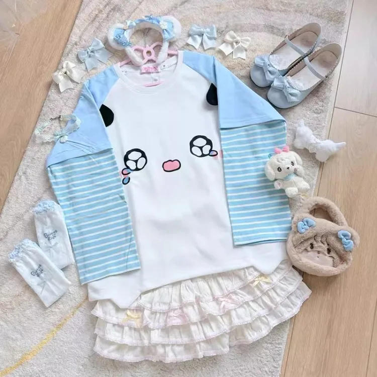 Sweet Cute Cat Ear Patchwork T-shirts Y2k E-Girl Fake Two Piece Striped Tee Shirt 2025 Summer New O-neck Loose Tops Women