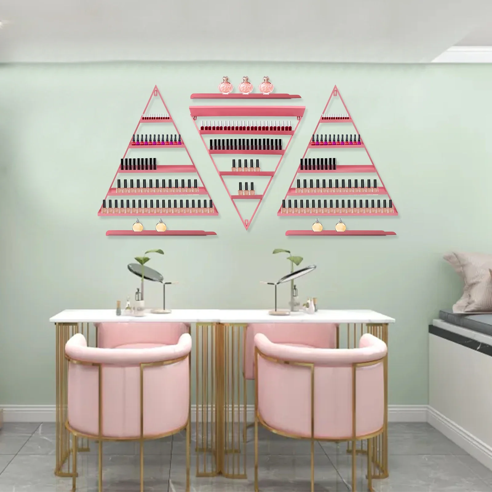 Aan de muur gemonteerd nagellakrek, driehoekige roze nagellakplank lippenstift parfum cosmetische displayplank voor thuis spa nagel