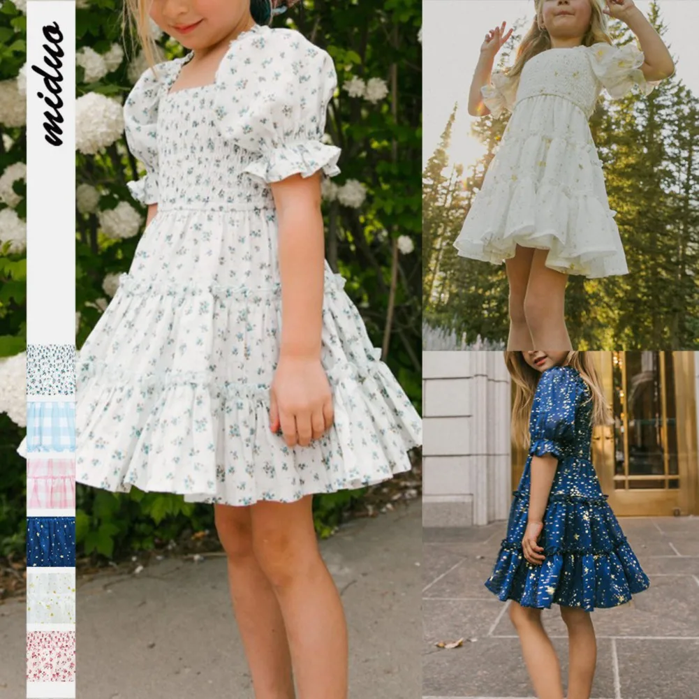 Girls Dress Clothes White Star Princess Dress Flower Printed Plaid Stripe Dress for Girl Sweety Wedding Party Wear Vestidos