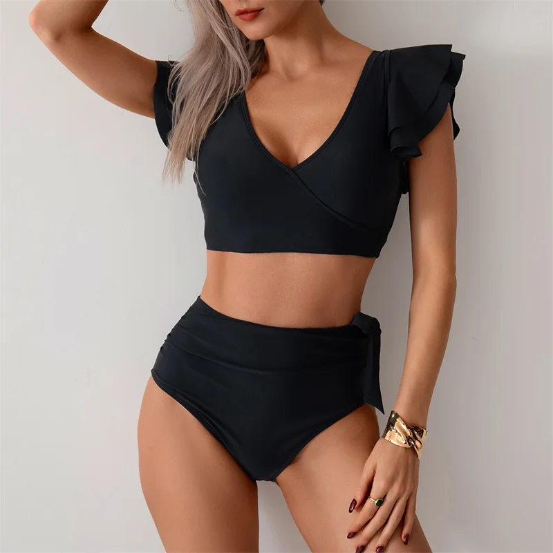새로운 여름 여성 비키니 세트 수영복 하이웨이스트 V넥 러플 수영복 여성 투피스 타이 사이드 비치웨어