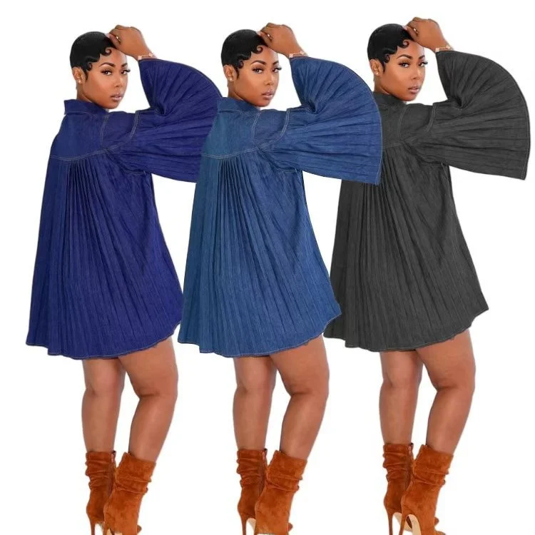 New Fashionable Elegant Loose Denim Pleated Splicing Women's Dress Transient Trendy Spring Seasonal Ethnic Stage Costume