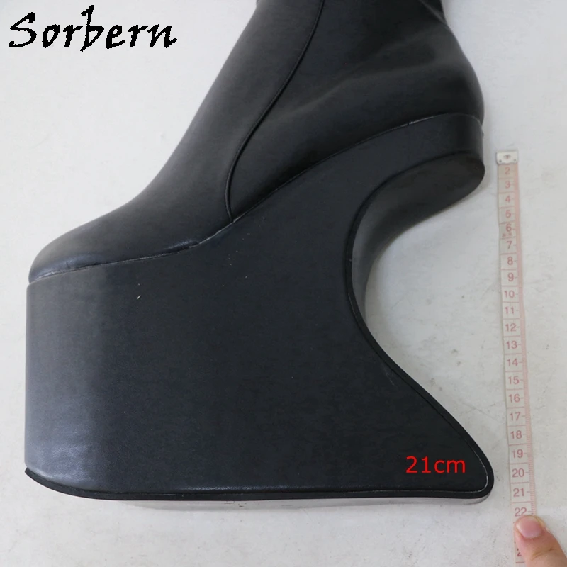 Sorbern รองเท้าบูทยาวถึงเข่าสีดำด้านสำหรับแดร็กควีนส์แพลตฟอร์มที่ไร้ส้นวงกลมขนาดใหญ่สี Eu33-48กำหนดเอง