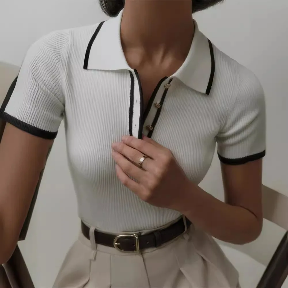

Skinny Ribbed Tight Fitting Knit Sweater Pullover Women Short Sleeve Patchwork Slim Lapel Elegant Contrast Knitwear Top Female
