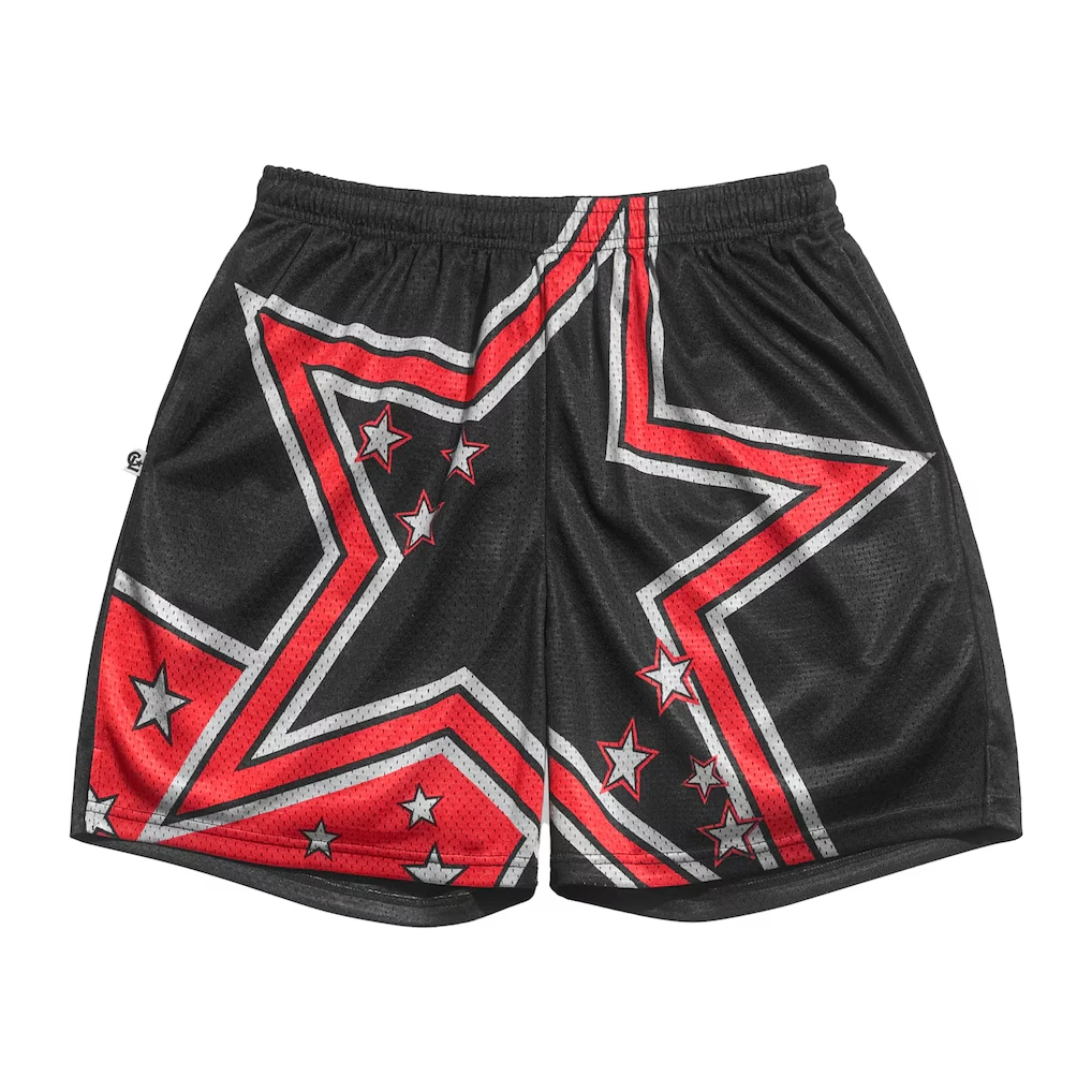 

2026 New Arrival Red & Black Star Print Mesh Basketball Shorts Men's Oversized Pants, Suitable for Daily Wear and Training