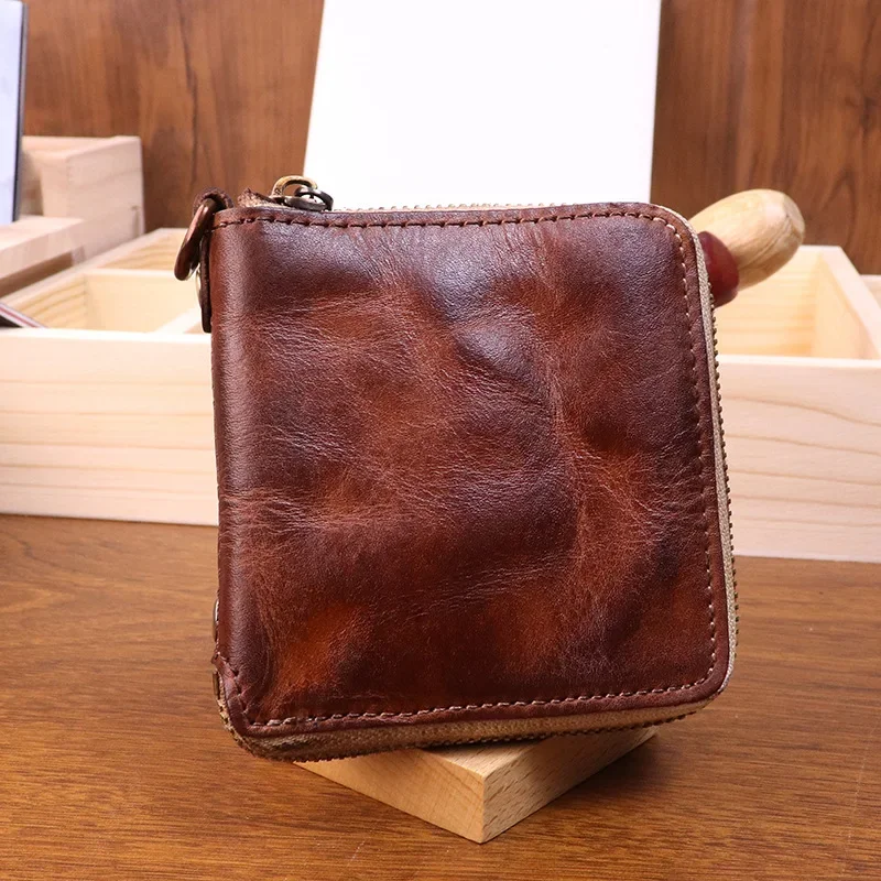 Orijinal deri cüzdan Vintage kat tasarım erkekler kısa çantalar kredi kimlik banka fermuarlı bozuk para cüzdanı hakiki deri cüzdan