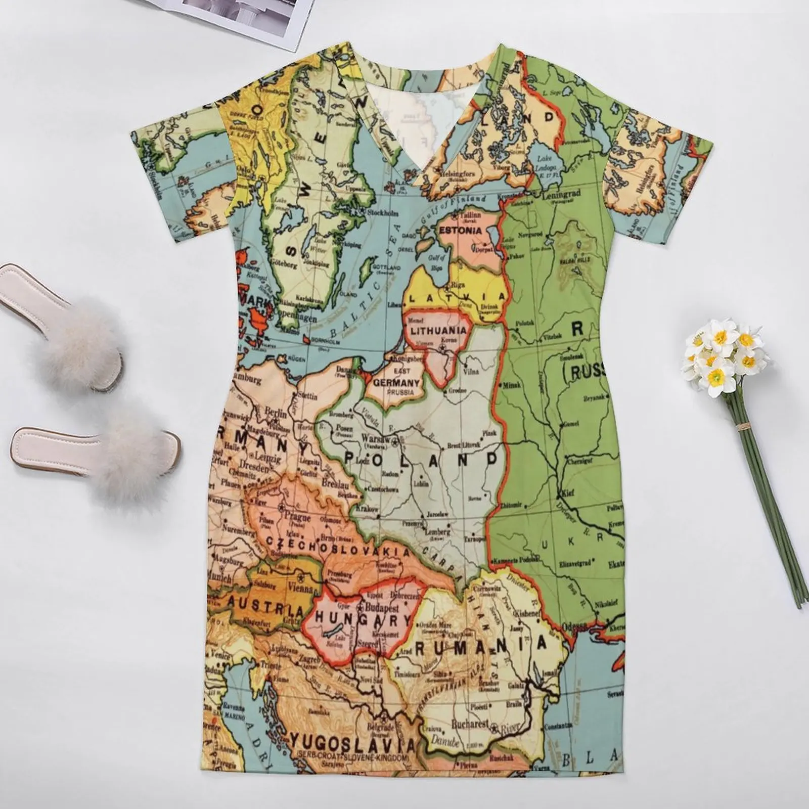 Vintage Map of Europe Dress V Neck European Map Retro Dresses Women Aesthetic Print Casual Dress With Pockets Plus Size 4XL 5XL