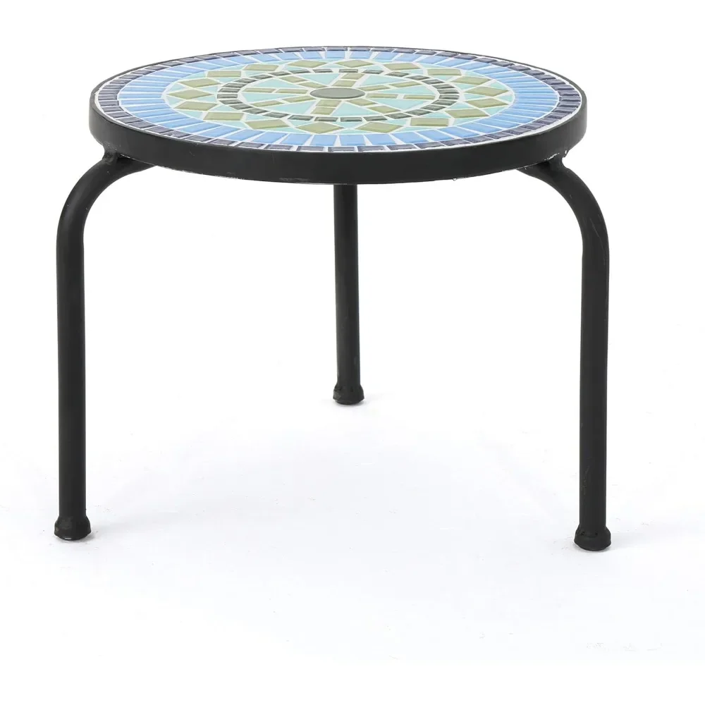 Iris Outdoor Ceramic Tile Side Table with Iron Frame, Blue / Green 13