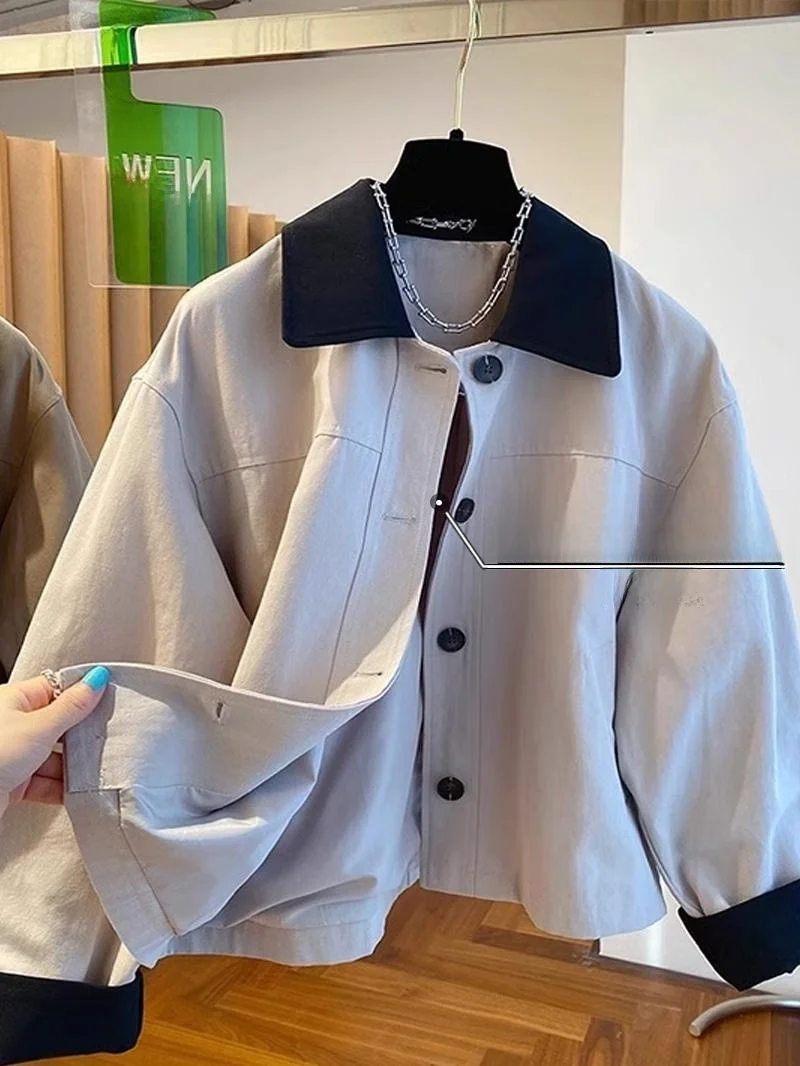 

American Workwear Contrast Color Collar Jaet Women's Autumn Winter ort Design Vintage Sle Coat Top for Small Stature