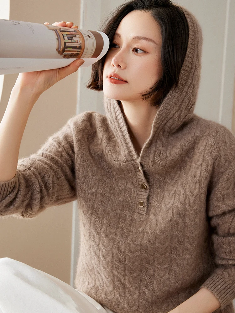 المرأة الكشمير هوديي الخيوط سترة 100% سترة كشميرية طويلة الأكمام عادية تريكو الخريف الشتاء سميكة متماسكة مقنعين