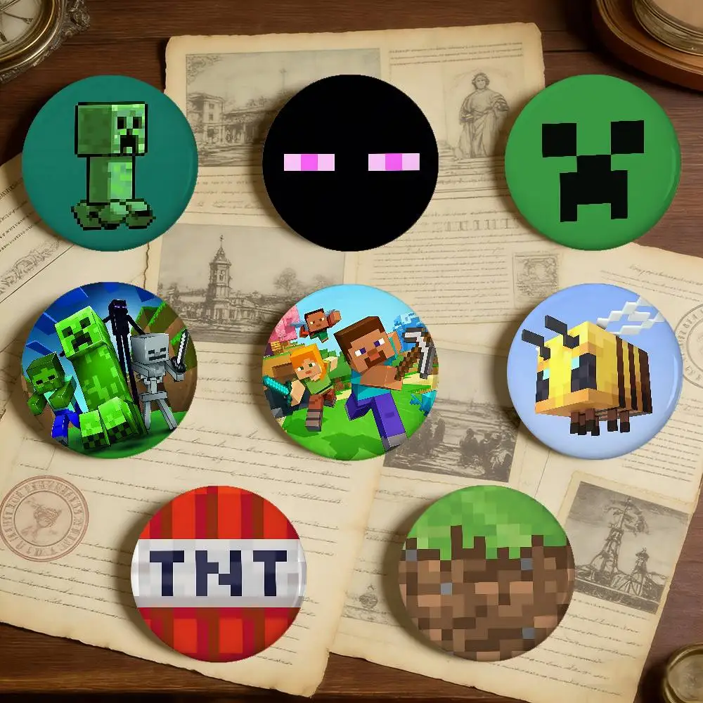 Game-M-Minecrafts Badges Peripheral Lapel Pins Runde Brosche aus Weißblech für Umhängetaschen-Accessoires, Souvenirgeschenke