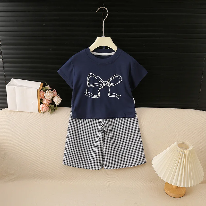 Korean Style Fashion Kids Matching Set Bow Print Two Piece Outfit Short Sleeve Tee With Gingham Wide Leg Shorts