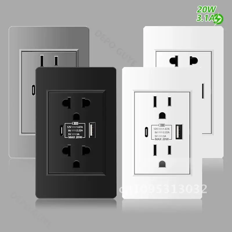 American Thai Standard USB Type-C 20W Fast Charging Power Outlet,US Home White/ 3.1A Black With Plug Mexico Socket Panel Plastic