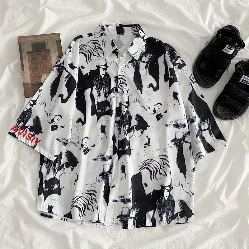 GELITAYIN Men Street Fashion Summer Daily Shirt Hawaiian Cartoon Print Casual Loose Shirts Short Sleeve Beach Loose Tops
