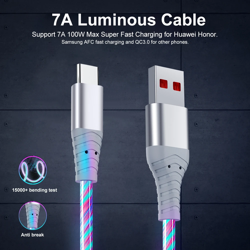 7A Glowing Cable Micro USB Type C Cable 100W Super Fast Charging For Huawei Mate 60 USB C Data Cord 3A For IPhone 15 Pro Xiaomi