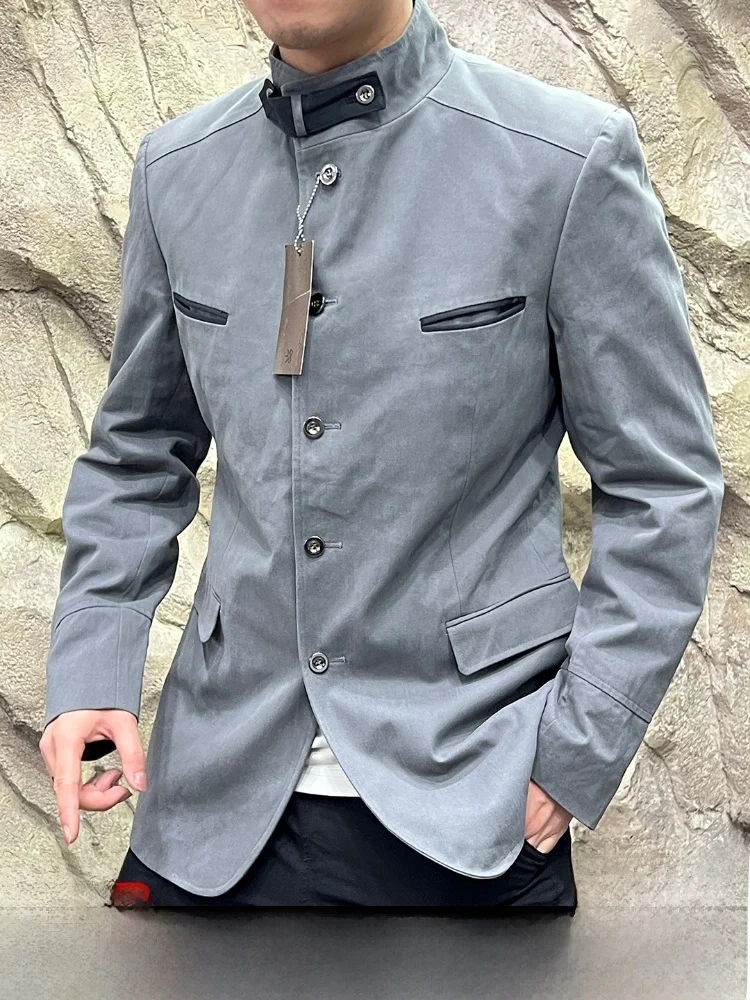 

High Quali Men's American Sle Stand Collar Suit Jaet Busin Casual Breathable Polyester Fiber Long Sve Zipper Closure