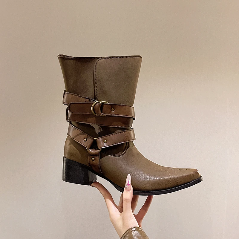

Single Boots Autumn New Pointed Toe Metal Buckle Anti-Slip Wear-Resistant Square Heel Booties