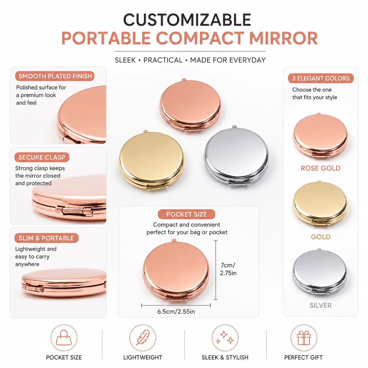Custom text mirror, personalized laser engraved phone number, mini foldable handheld makeup mirror for men and women DIY mirror view 5