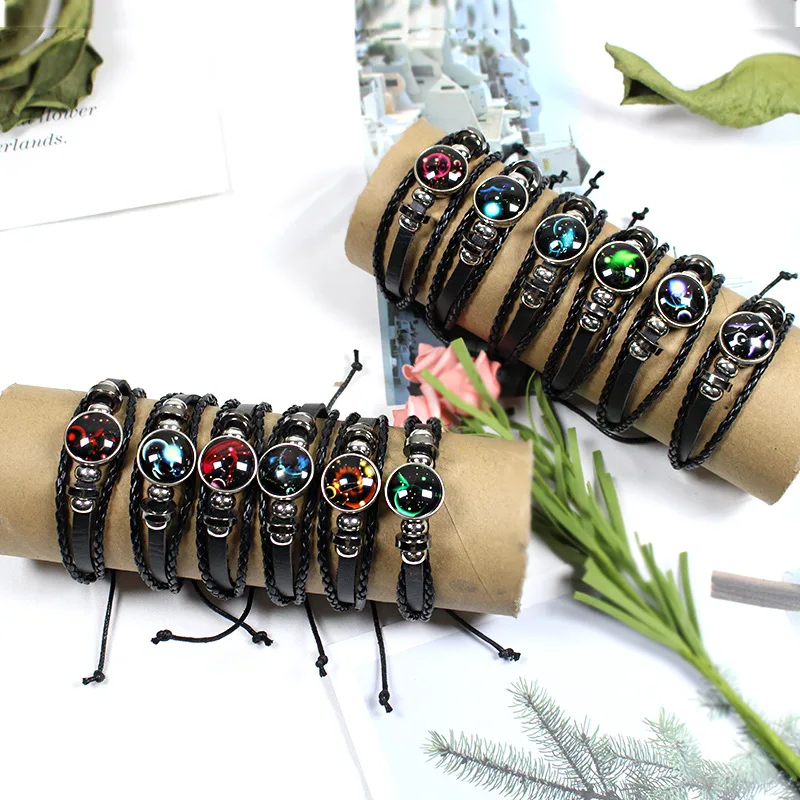 

scorpio bracelet 12 Constellation Zodiac Sign Charm Luminous Bracelets Men Women Vintage Multilayer Wrap Leather Bracelet & Bang