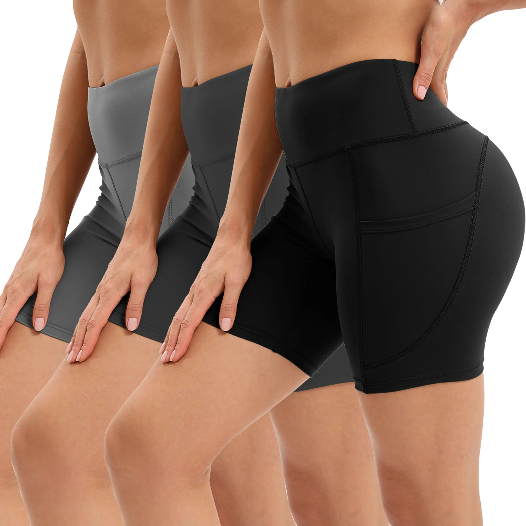 3Pcs High Waist Tummy Control Biker Shorts Set for Women Stretchy Moisture-Wicking Yoga Gym Workout Sports Shorts in Gray