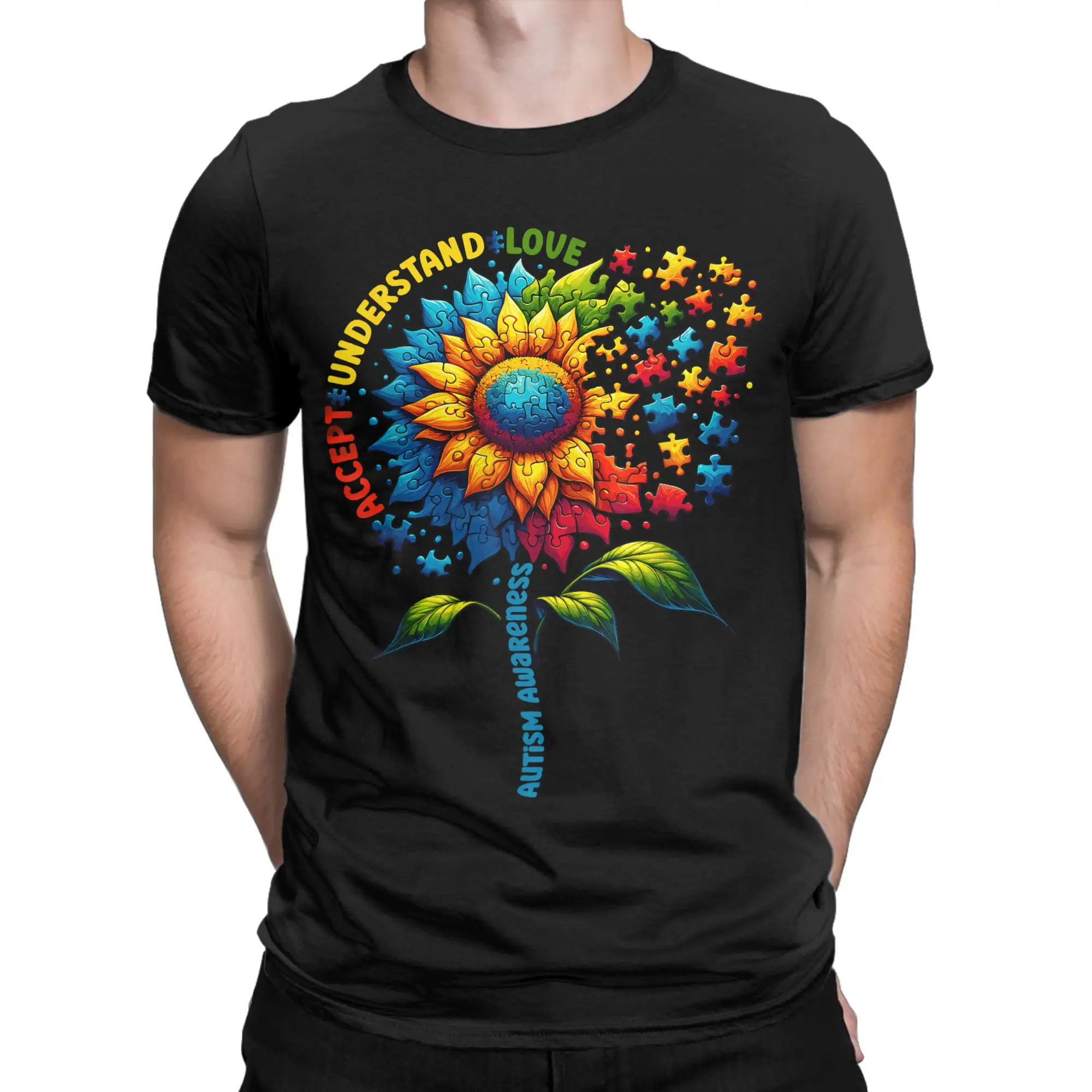 Men T-Shirt Autism Awareness Sunflower Funny Cotton Tees Short Sleeve  T Shirt Crew Neck Tops Printed