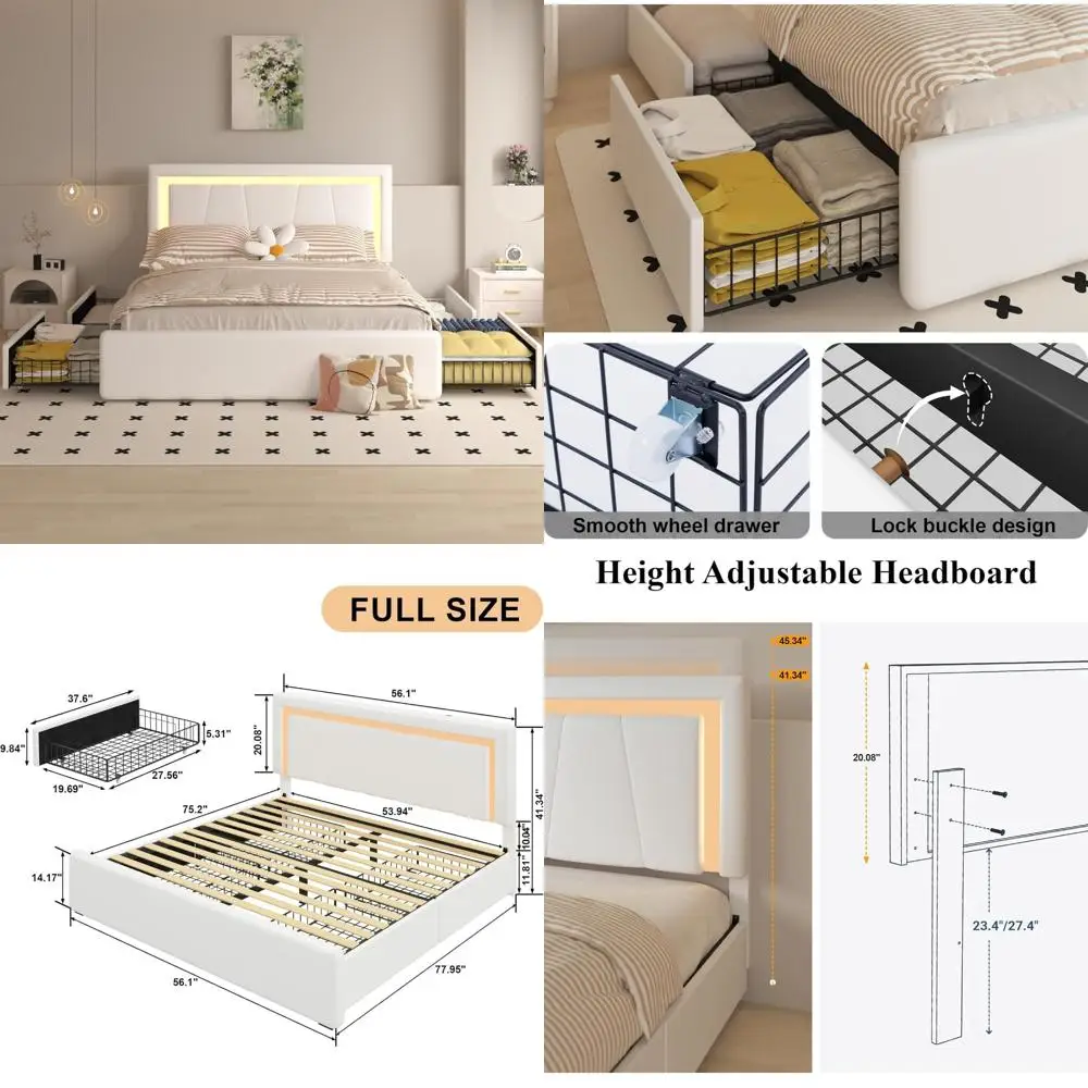 Full Size Bed Frame with Storage Drawers and Adjustable Upholstered Headboard, LED & USB Featured Platform Bed