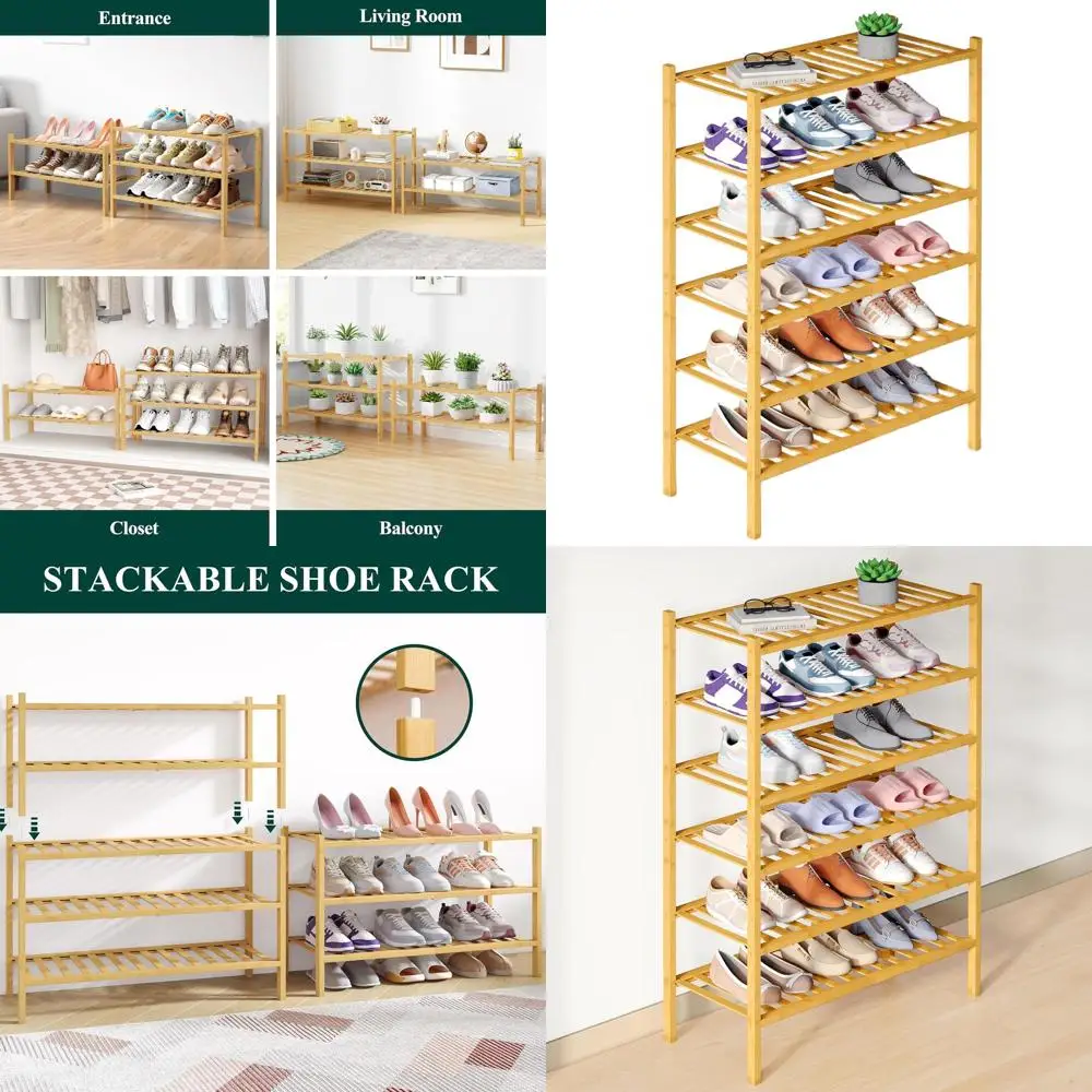 

6-ярусный складной деревянный органайзер для обуви, натуральное покрытие, идеально подходит для хранения в прихожей