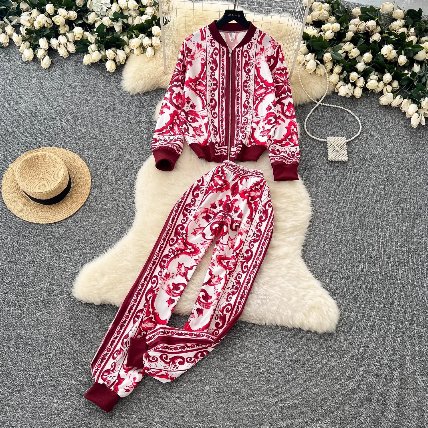 Autumn Runway Red Blue and White Porcelain Print Two Piece Set Women\'s Long Sleeve Zipper Jacket Tops＋Elastic Waist Pant Suits