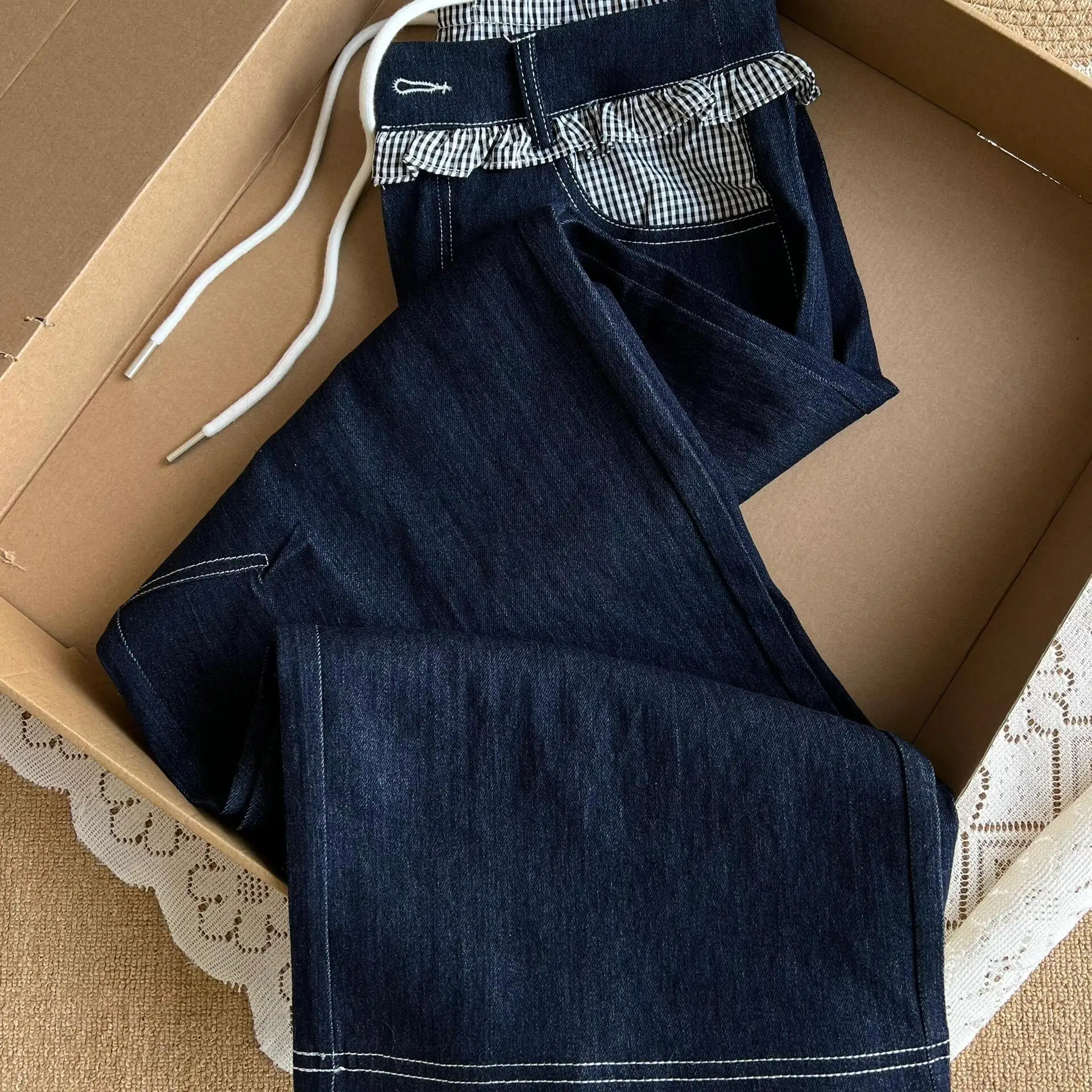 

Korean retro checkered patchwork high waisted jeans Spring Autumn Loose Straight Denim Pants Women Casual Trousers