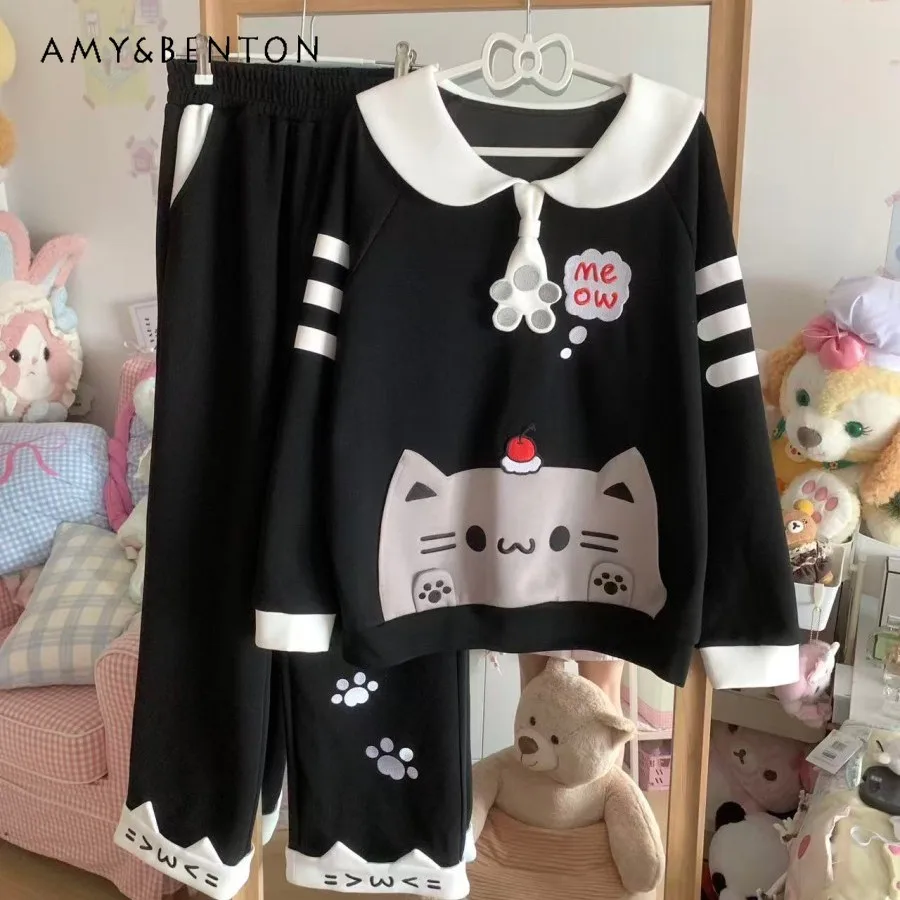 

Японский двухмерный кошачий принт в стиле пэчворк, цветной свитшот Kawaii с длинными рукавами, куртка с милыми ушками, темно-синий воротник, топ, повседневные комплекты