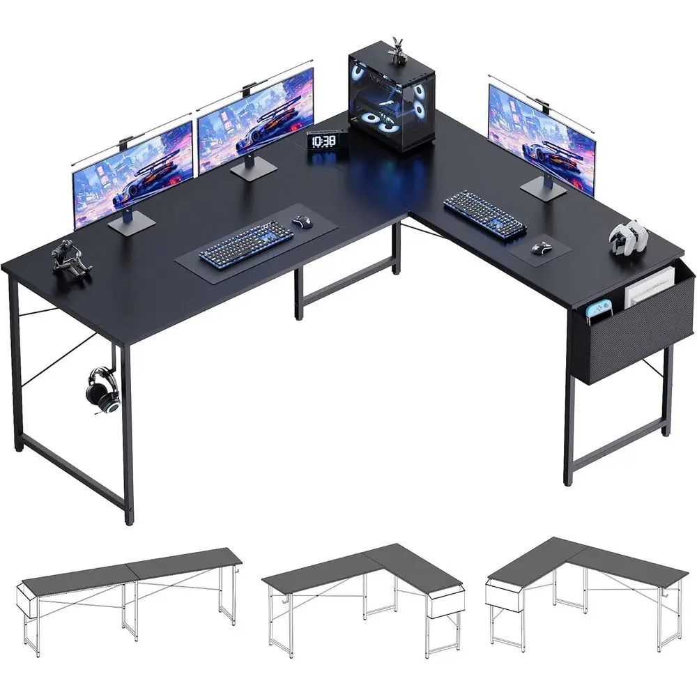 مكتب ألعاب زاوية كبيرة، 64.5 قابل للعكس على شكل حرف L مع مساحة تخزين، أسود للمكتب المنزلي، الكتابة، الدراسة