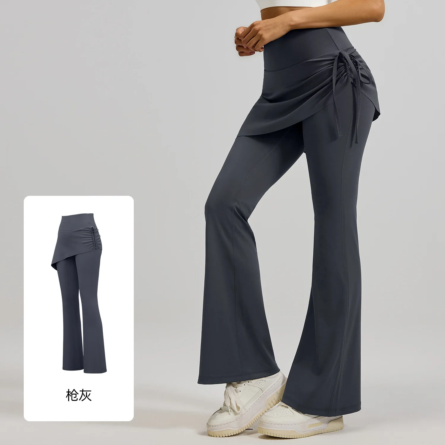 Women's Flared Yoga Pants High Waist Fake Two Piece Drawstring Pleated Wrap Skirt Trouser Tummy Control Running Workout Pants