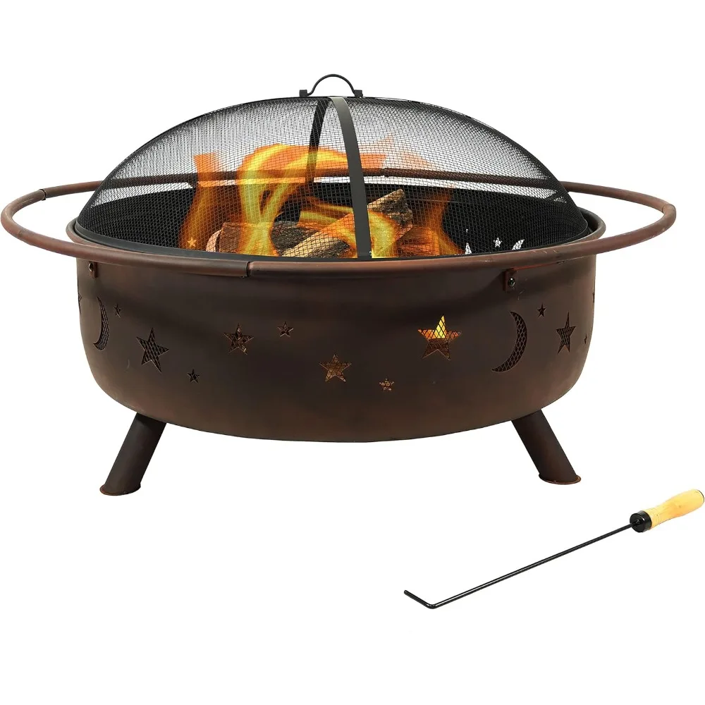 

Cosmic 42-Inch Wood-Burning Steel Fire Pit with Round Spark Screen, Poker, and Built-in Grate - Rust Patina